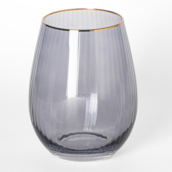 Glass Stemless Wine Glass Ribbed Smoke