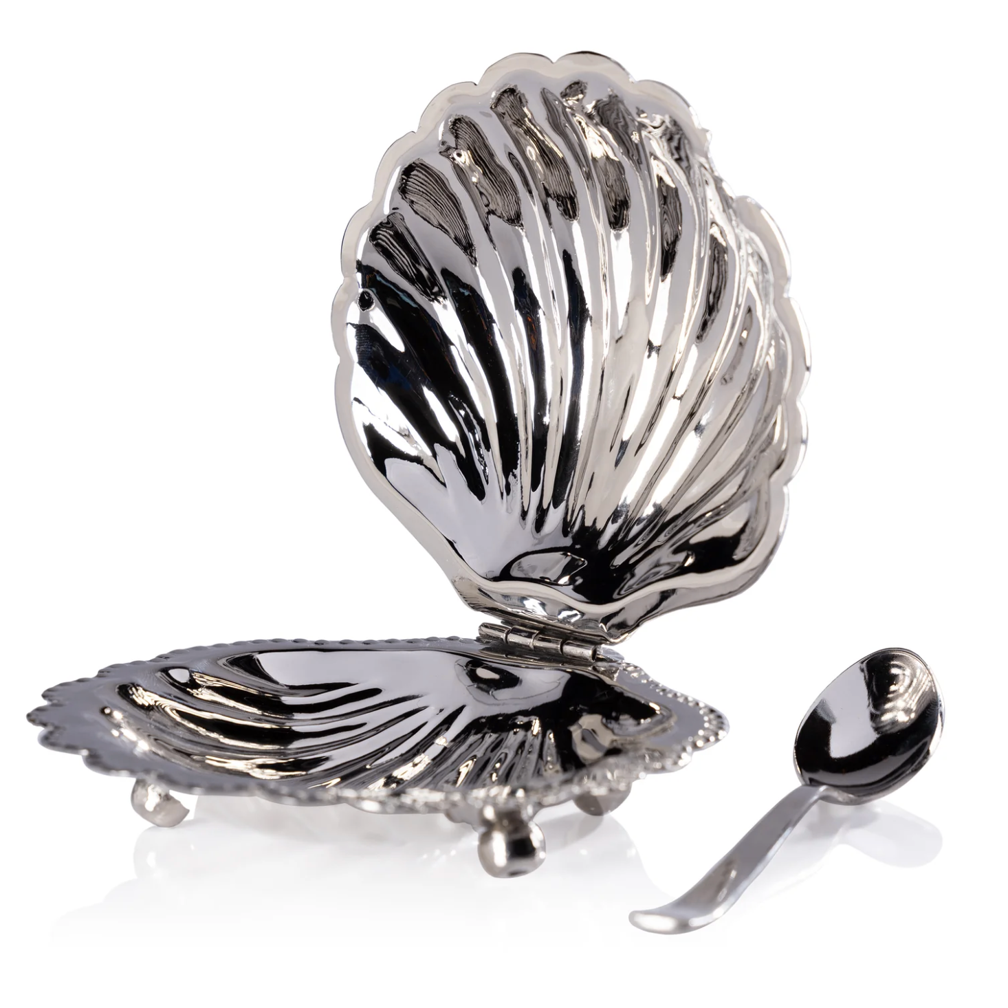Cap Ferrat Fan Shell Lidded Bowl with Spoon - Polished Nickel