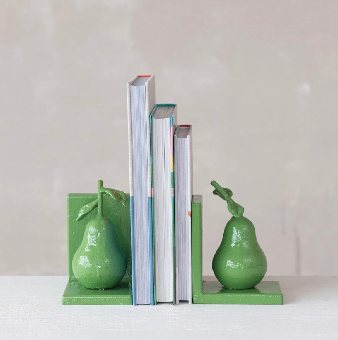 Set of 2 Metal Pear Bookend Green