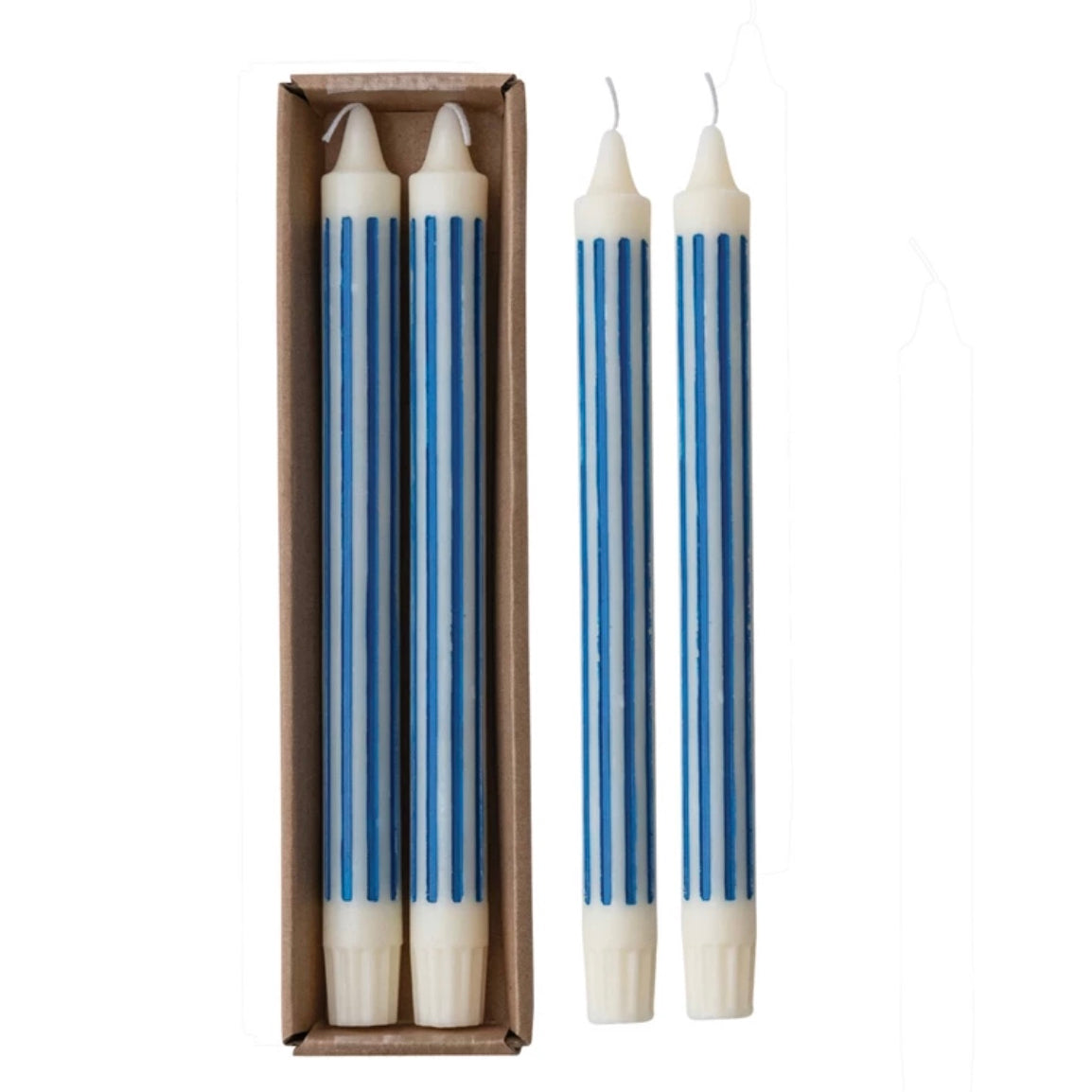 Unscented Striped Taper Candles in Box, Blue, Set of 2