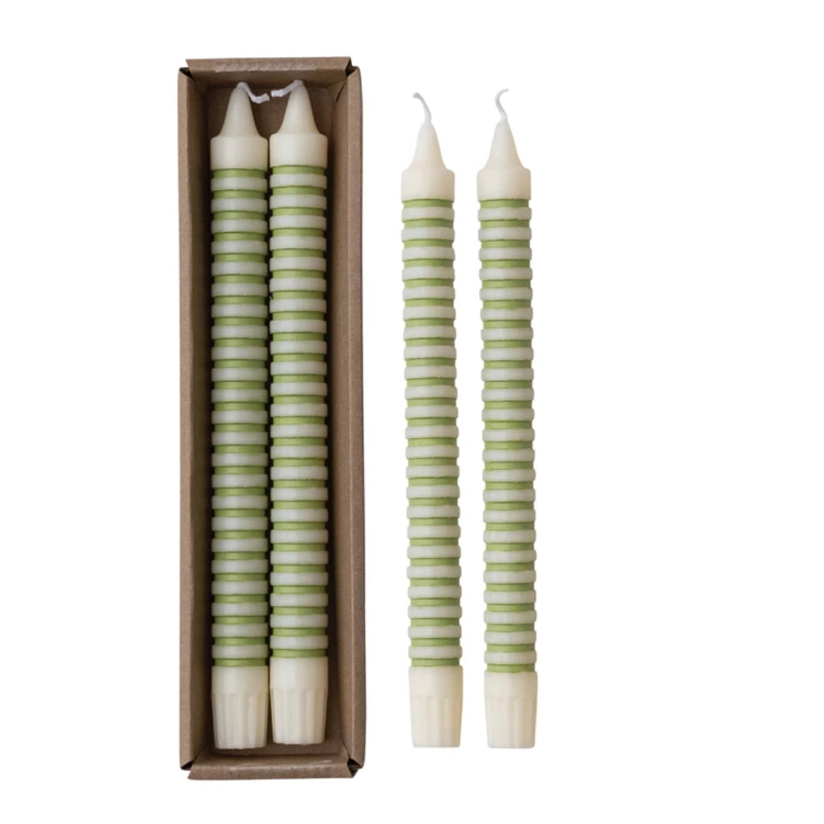 Unscented Striped Taper Candles in Box, Green, Set of 2