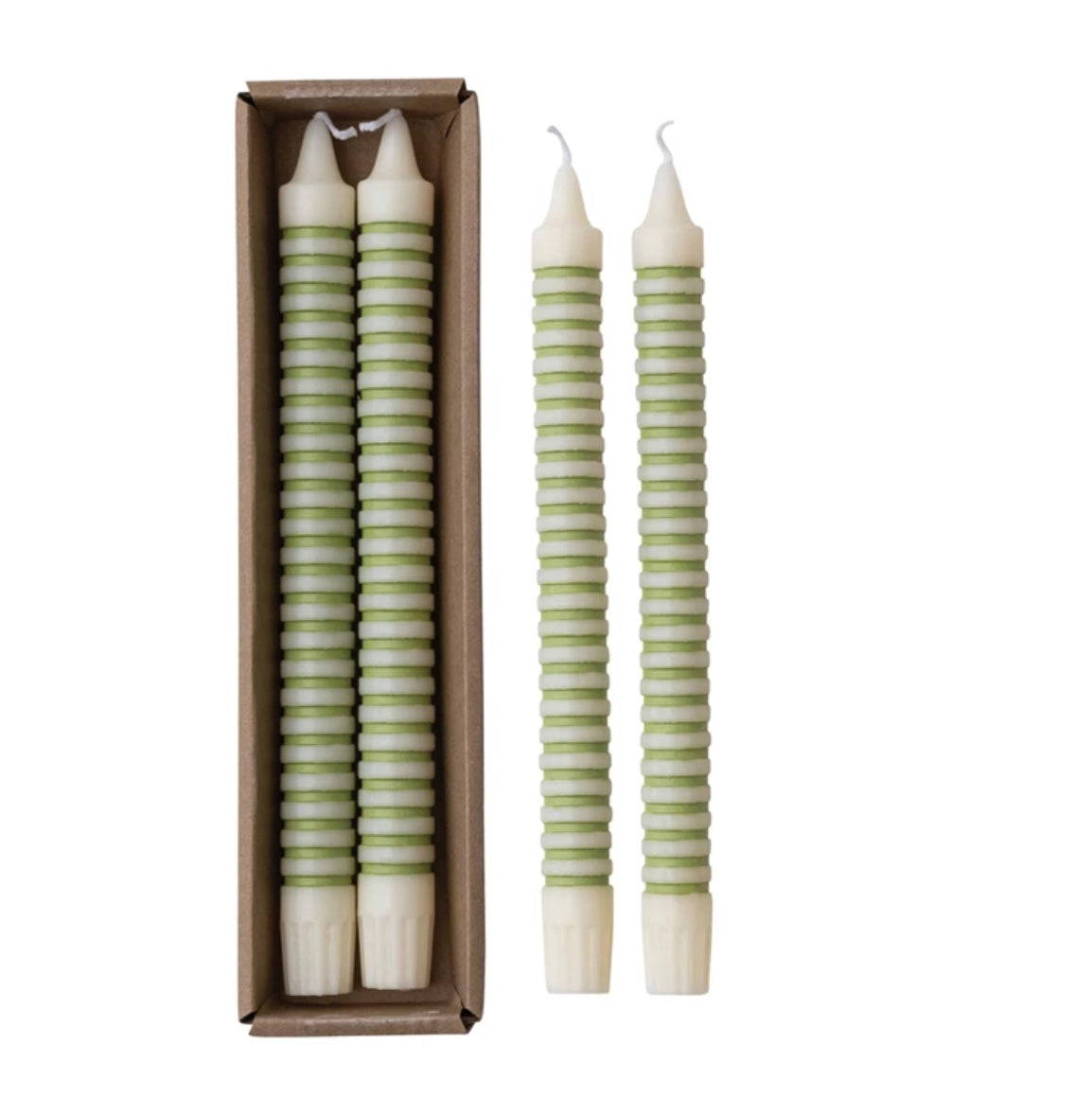 Unscented Striped Taper Candles in Box, Green, Set of 2