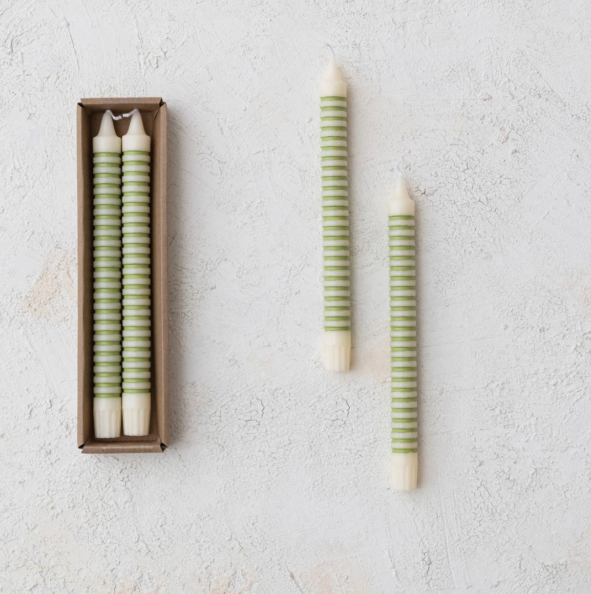 Unscented Striped Taper Candles in Box, Green, Set of 2
