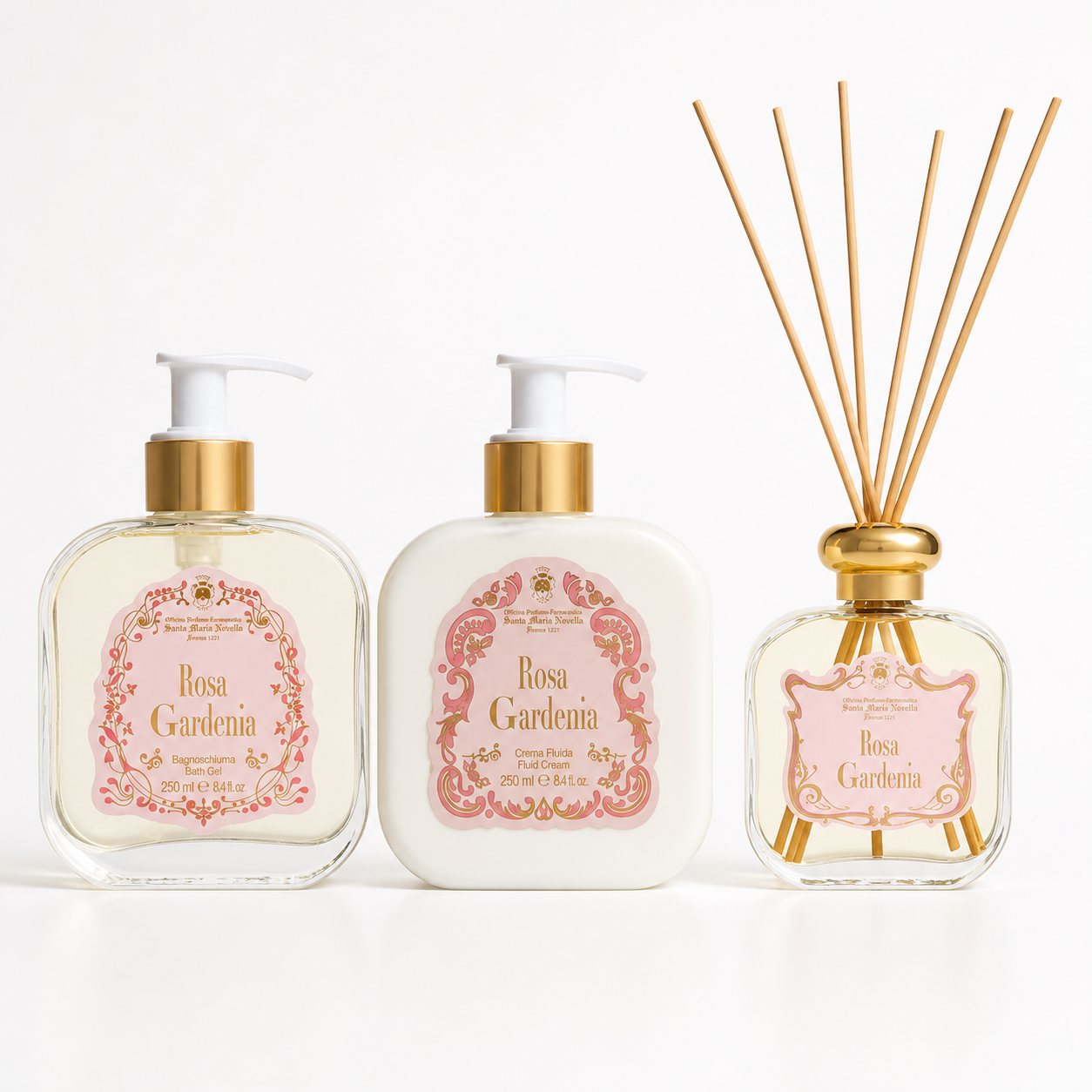 Rosa Gardenia Gift Set of 3 items - Bath gel, Body Cream, and Diffuser 