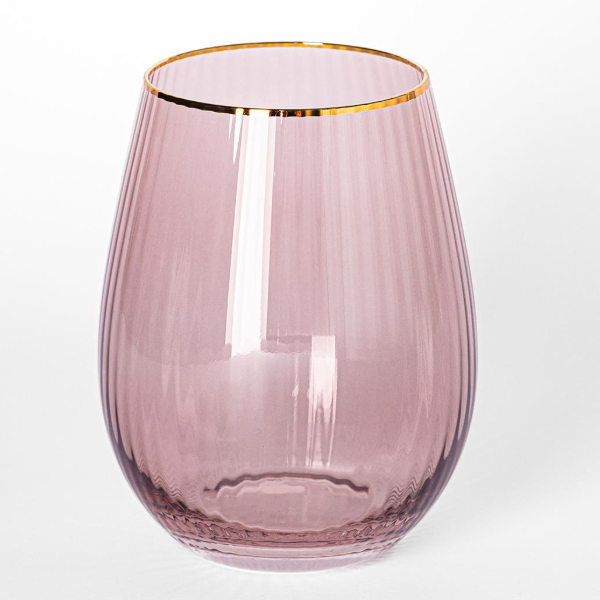 Glass Stemless Wine Glass Ribbed Mauve
