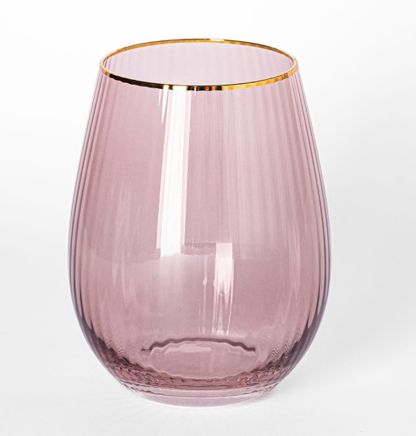 Glass Stemless Wine Glass Ribbed Mauve