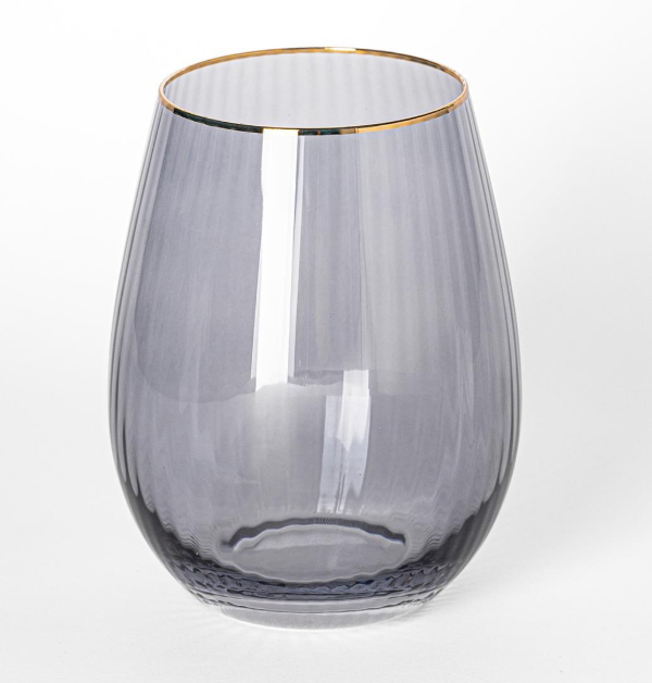 Glass Stemless Wine Glass Ribbed Smoke
