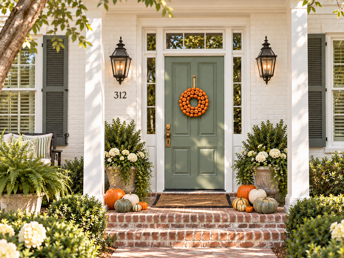 A front porch with a white brick entryway, white columns, black shutters, a sage green door, black wall lanterns, a citrus orange wreath, pumpkins, and potted plants.