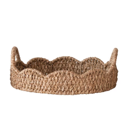 (M) Round Braided Rattan Trays w/ Scalloped Edges, Handles
