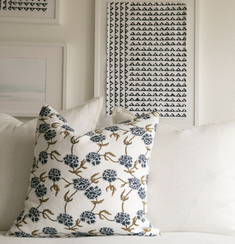 Modern Marigold Indigo on White Pillow