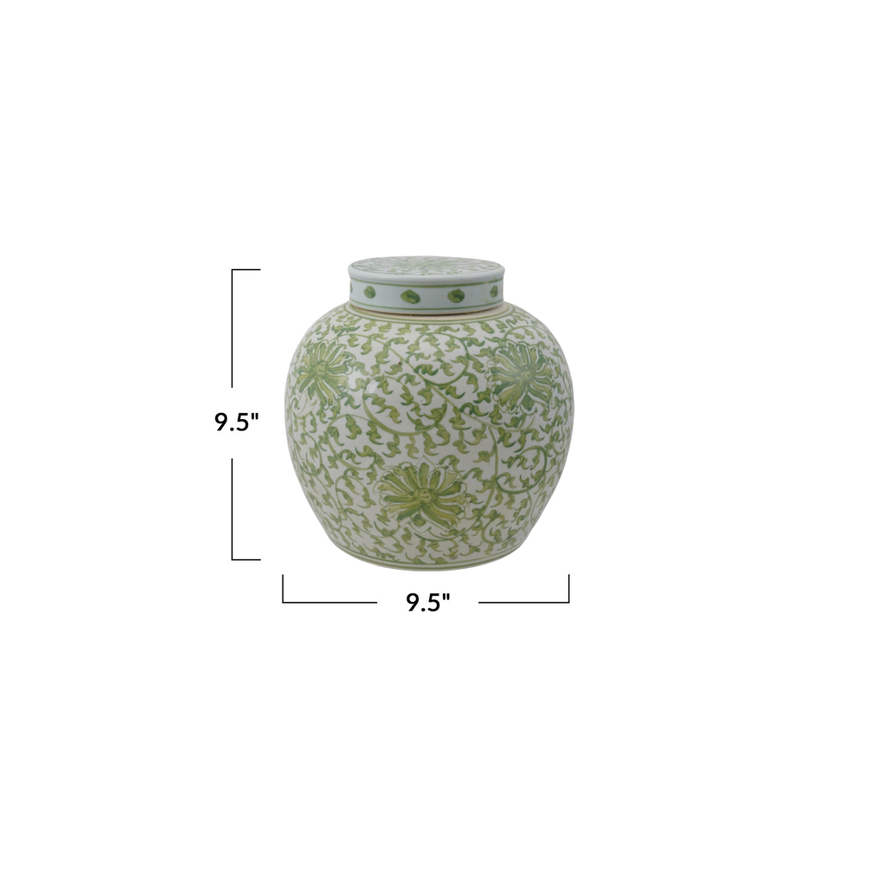 Decorative Hand-Painted Stoneware Ginger Jar w/ Floral Pattern, Green & White