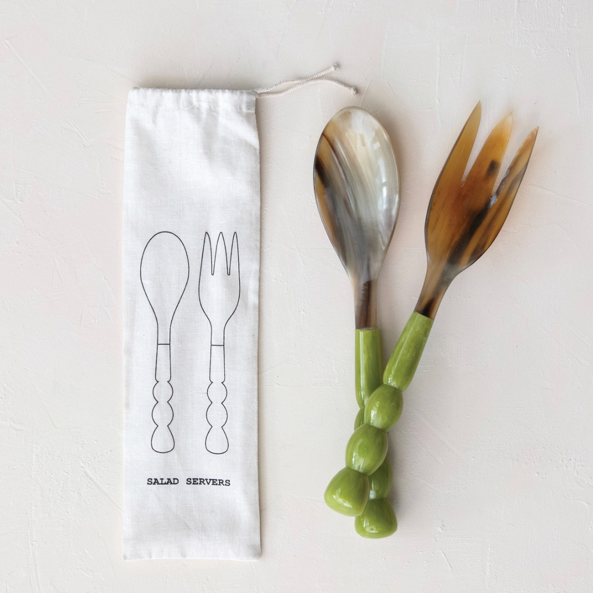 Natural Horn Salad Servers with Resin Handles, Set of 2 in Bag- Green