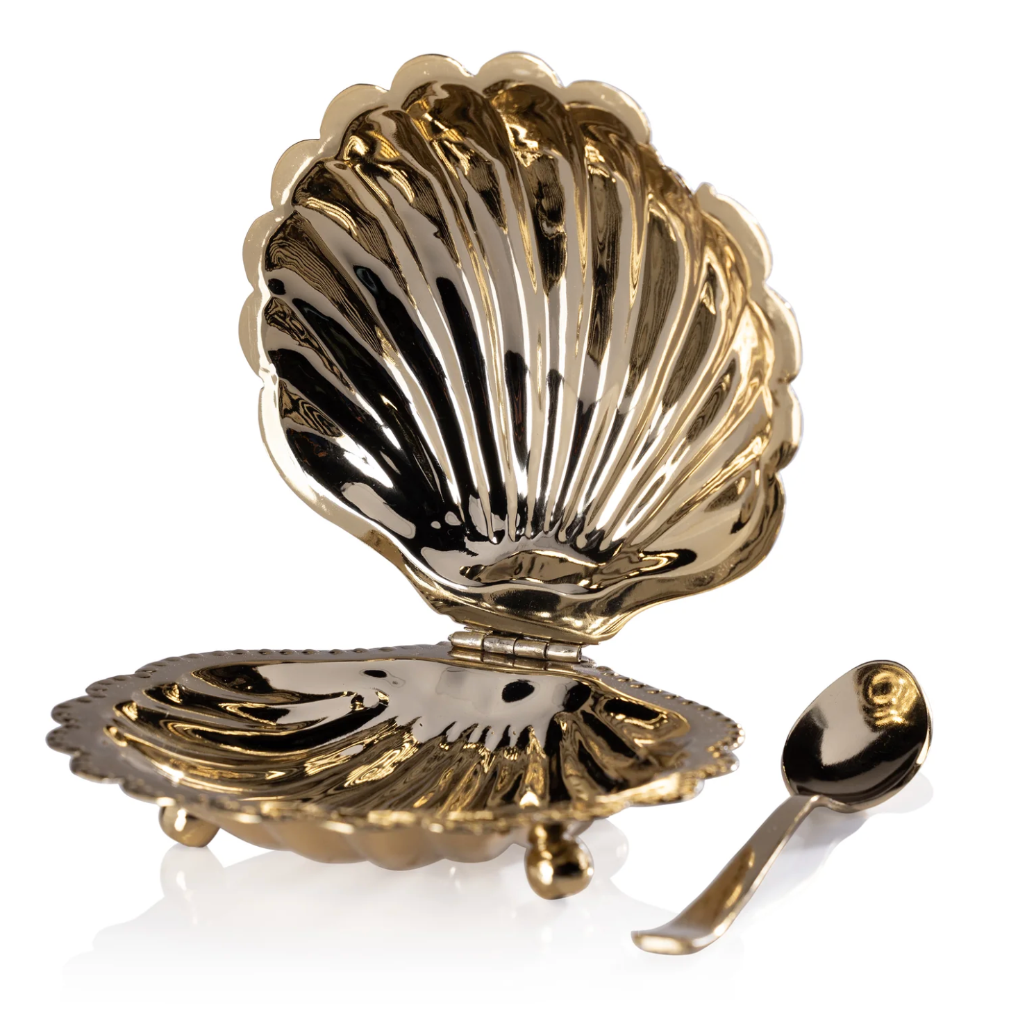 Cap Ferrat Fan Shell Lidded Bowl with Spoon - Polished Gold