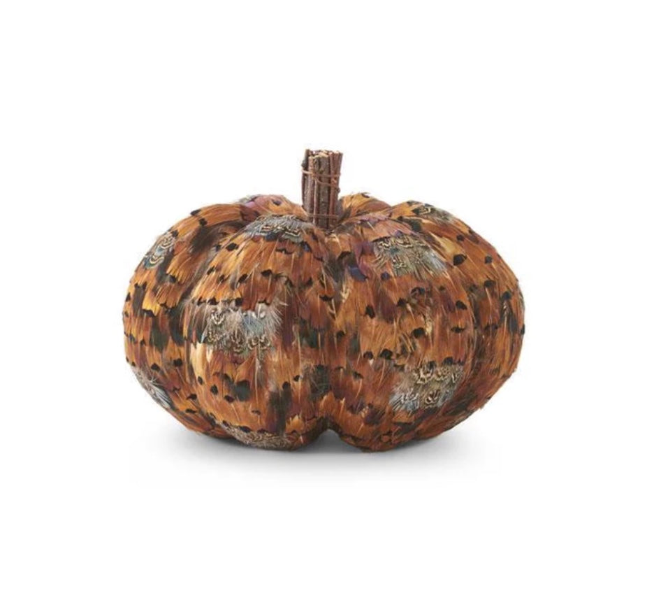 6.25 Inch Gray Brown & Speckled Feather Pumpkin with Twig Stem