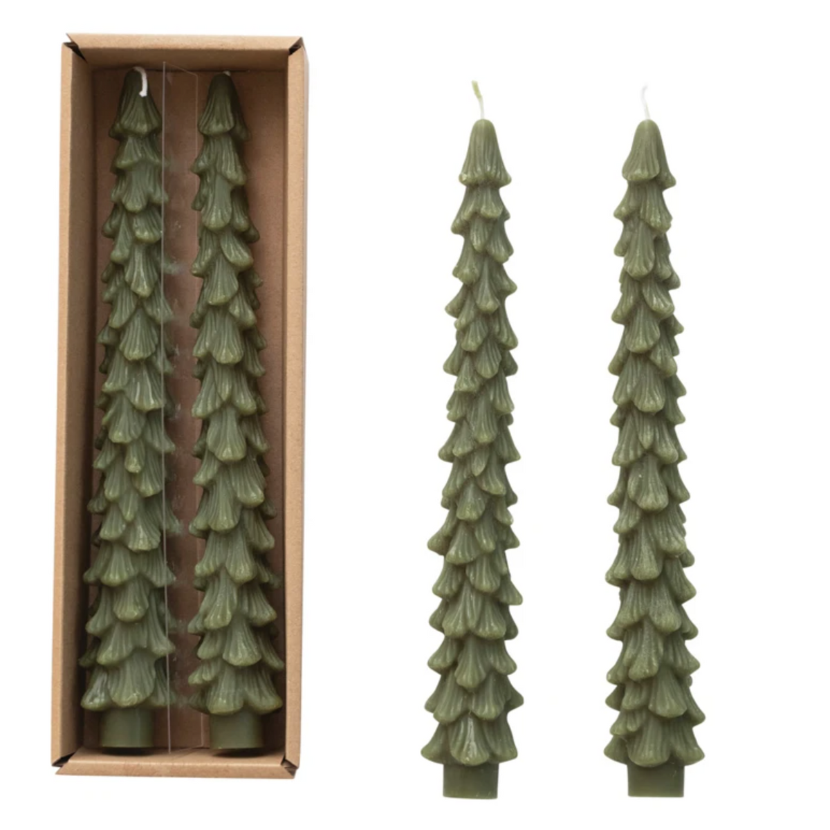 Evergreen, Unscented Tree Shaped Taper Candles, Set of 2
