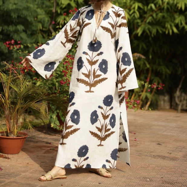 Doha Kaftan Khaki/Navy Flower