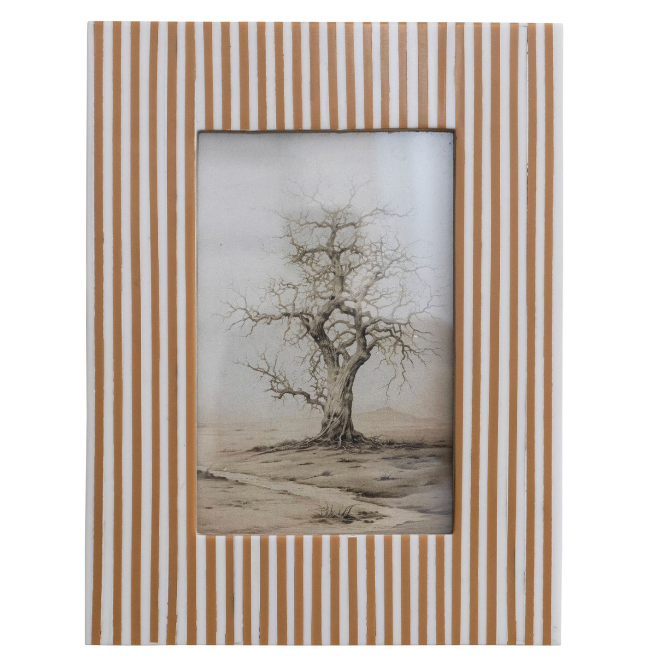 Resin Striped Photo Frame, White & Caramel Color- 4x6
