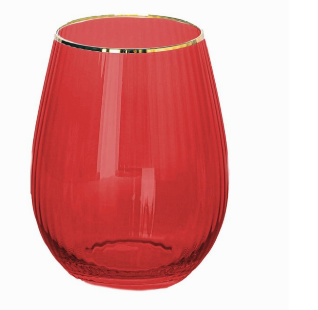 Glass Stemless Wine Ribbed Red