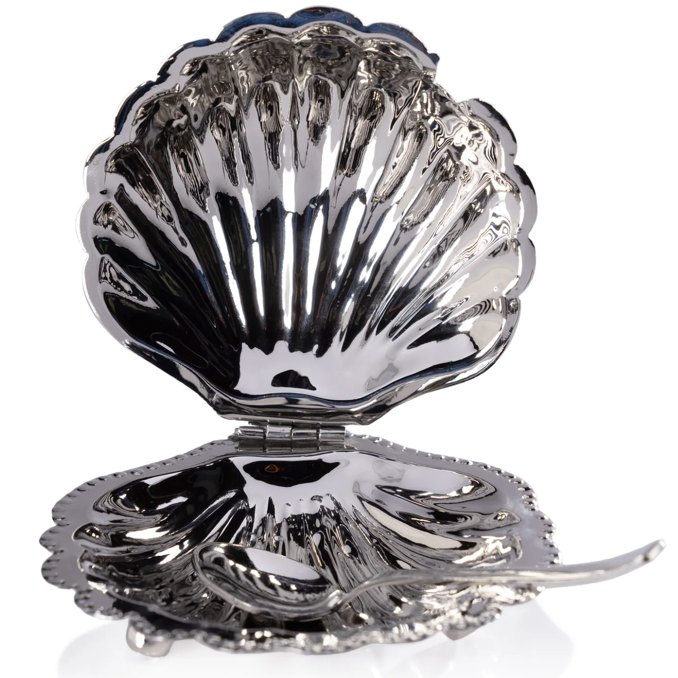 Cap Ferrat Fan Shell Lidded Bowl with Spoon - Polished Nickel