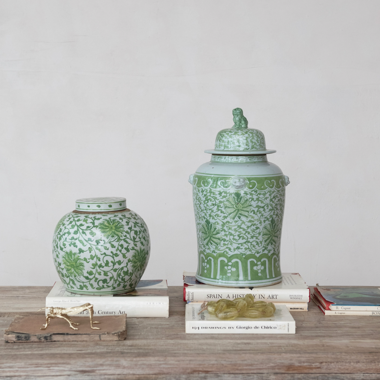 Decorative Hand-Painted Stoneware Ginger Jar w/ Floral Pattern, Green & White