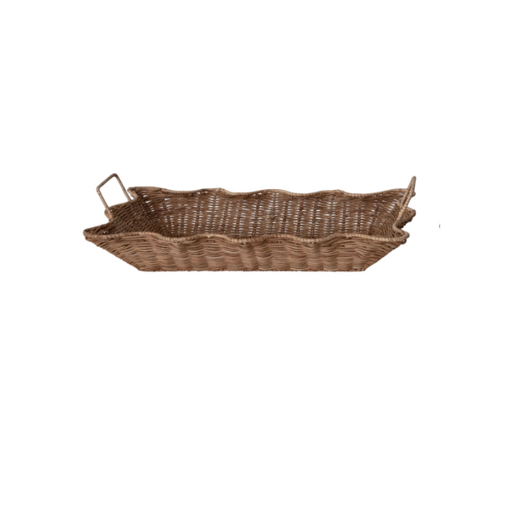 Decorative Hand-Woven Rattan Scalloped Nesting Trays with Handles, Natural,