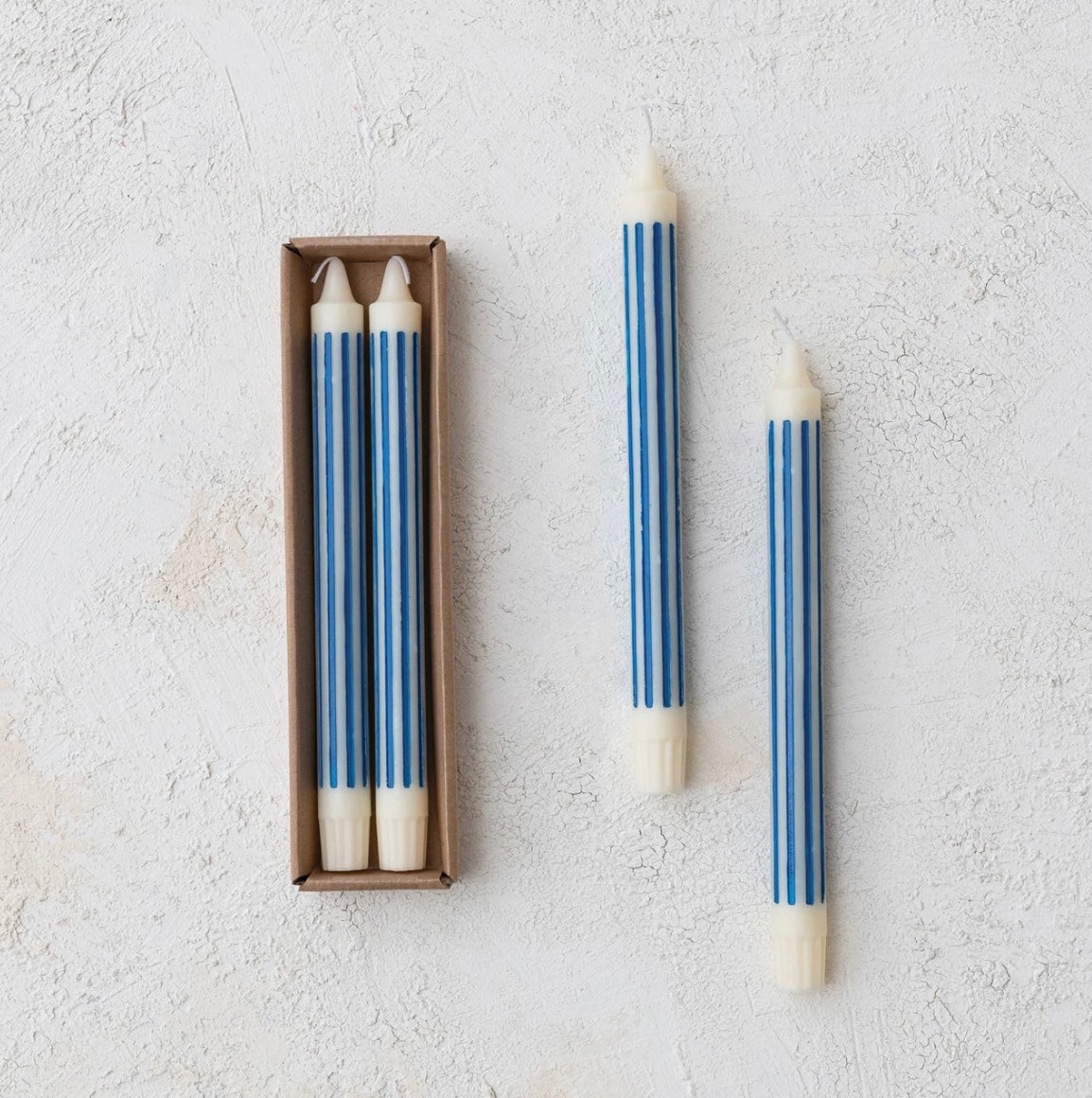 Unscented Striped Taper Candles in Box, Blue, Set of 2