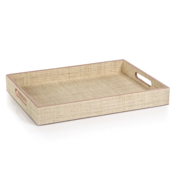 Lulu Natural Fiber Raffia Tray with Pink Leather Trim - Small