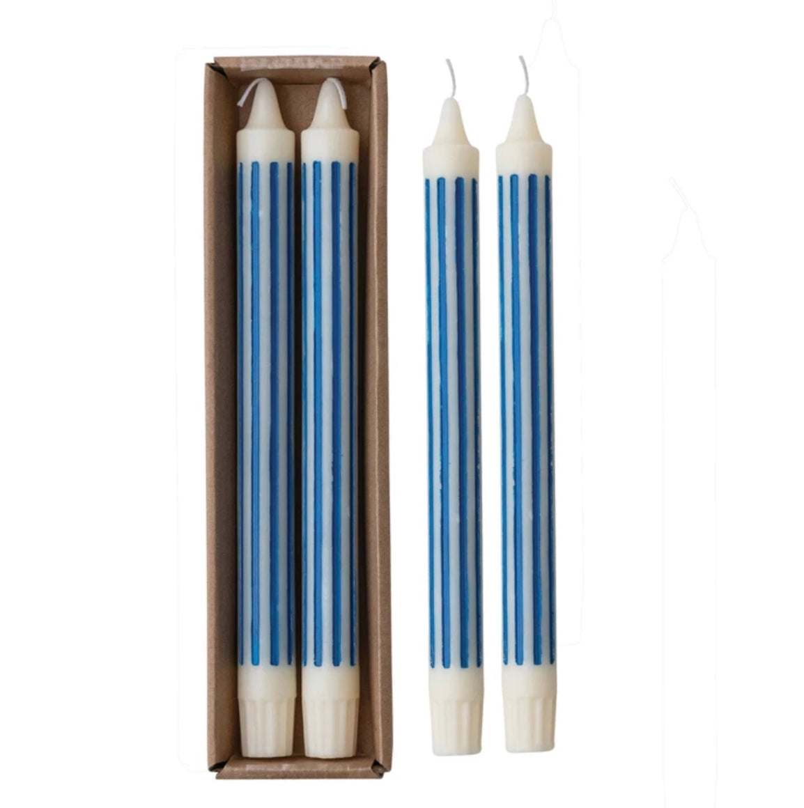 Unscented Striped Taper Candles in Box, Blue, Set of 2