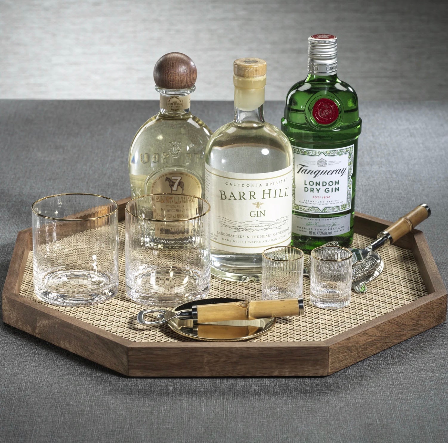 Large Mango Wood with Rattan Inlay Octagonal Tray