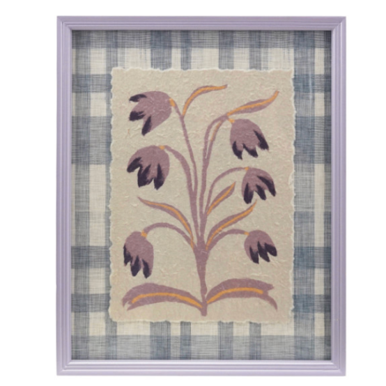 Wood Framed Glass Wall Décor W Flowers Plaid Pattern, 2 Styles