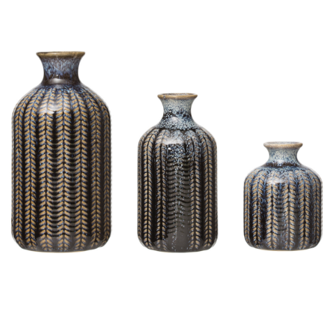(S) Embossed Stoneware Vases with Glaze