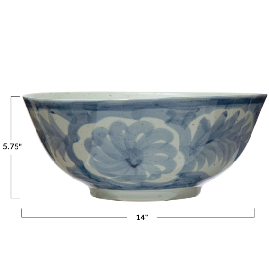 Hand-Painted Stoneware Bowl w/ Design, Blue & White