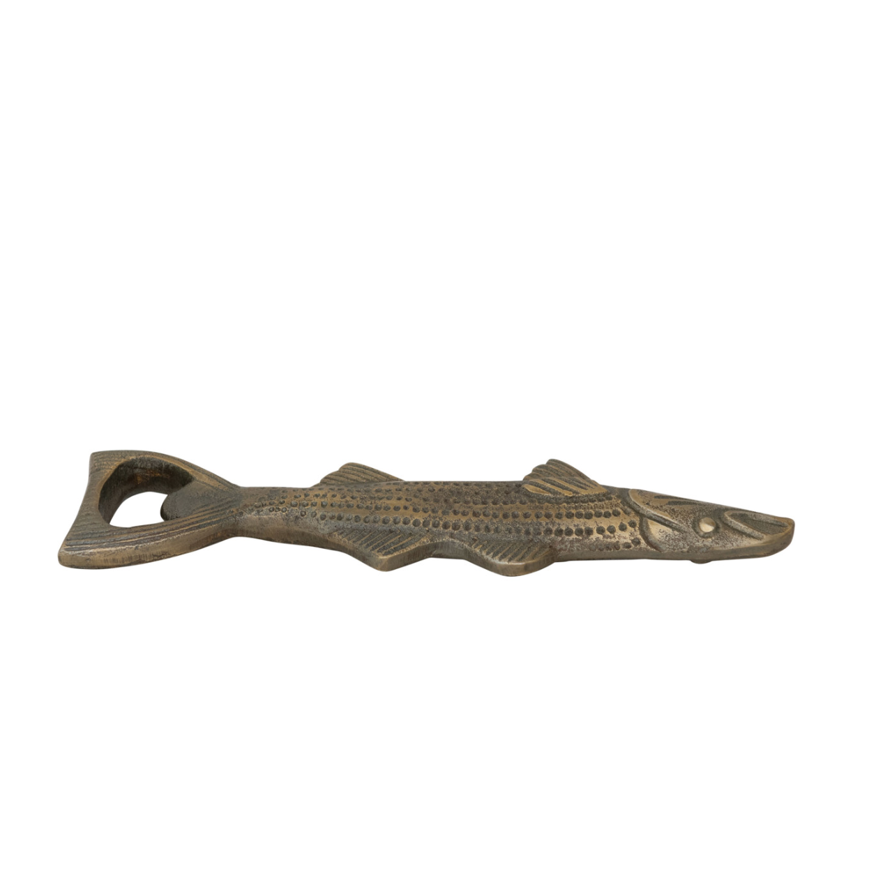 Cast Aluminum Fish Shaped Bottle Opener, Antique Gold Finish