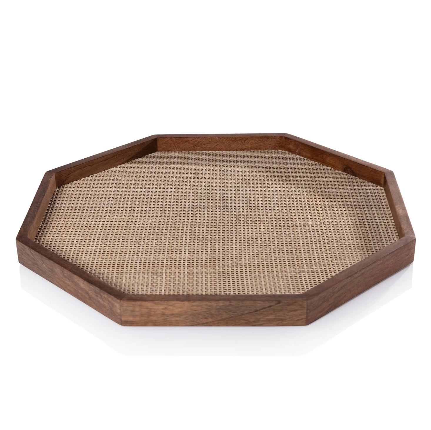 Large Mango Wood with Rattan Inlay Octagonal Tray