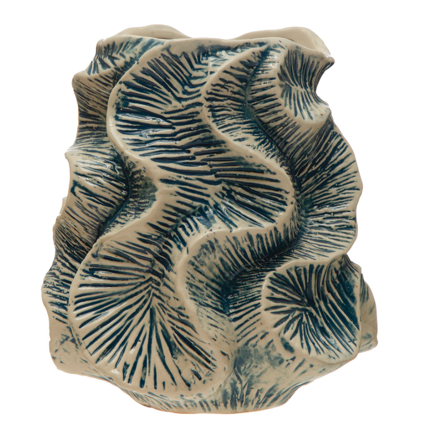 Textured Stoneware Organic Shaped Vase, Reactive Glaze, Blue