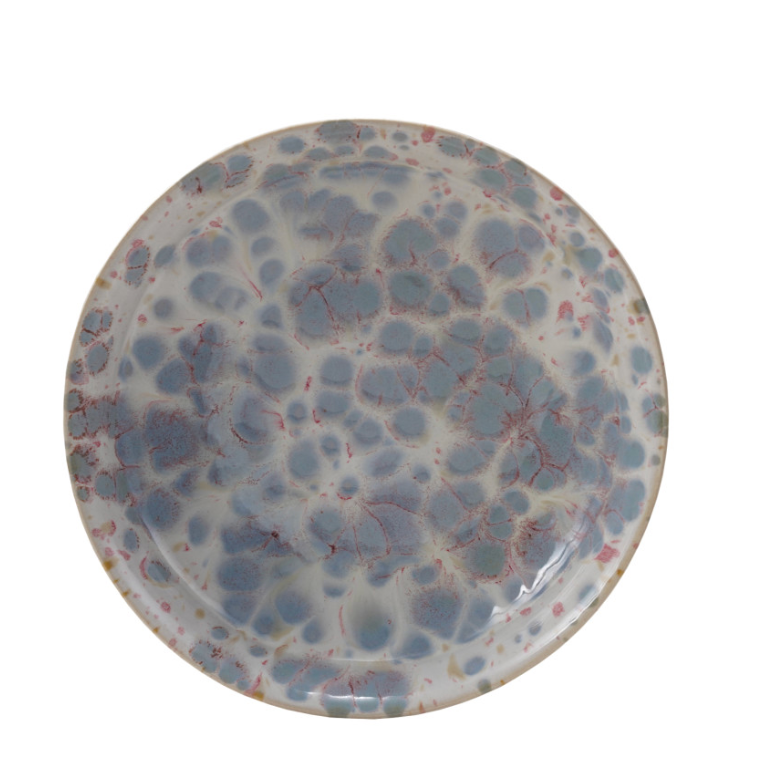 Stoneware Footed Bowl, Reactive Glaze, Blue & White
