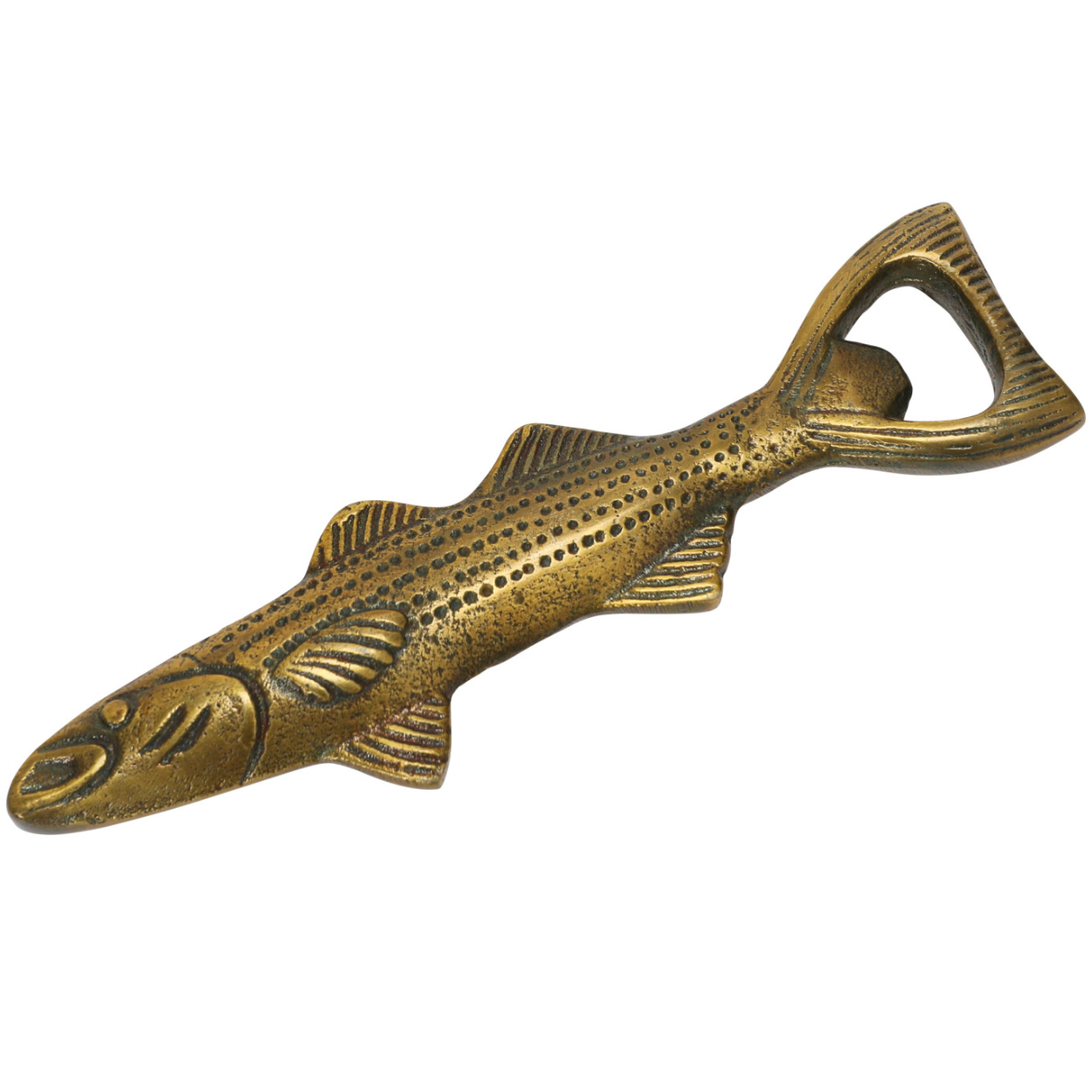Cast Aluminum Fish Shaped Bottle Opener, Antique Gold Finish