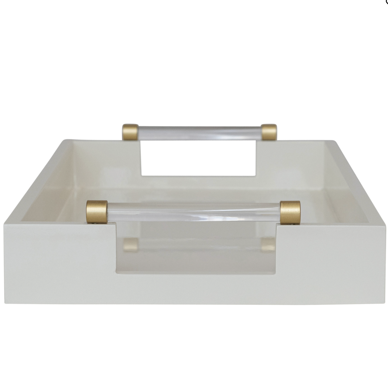 Lacquered Tray w/ Acrylic & Metal Handles, Gold Finish & Cream Color