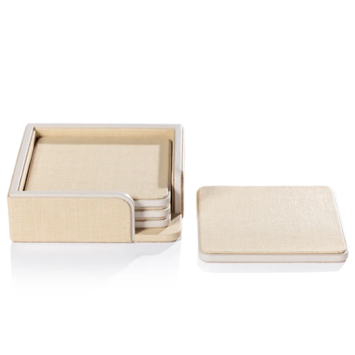 Nappa Leather Coasters on Tray - Set of 4 - Raffia and Cream
