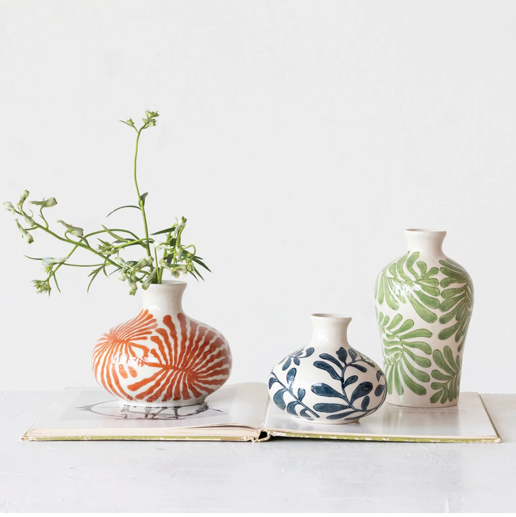 Hand-Painted Stoneware Vases w/ Abstract Designs