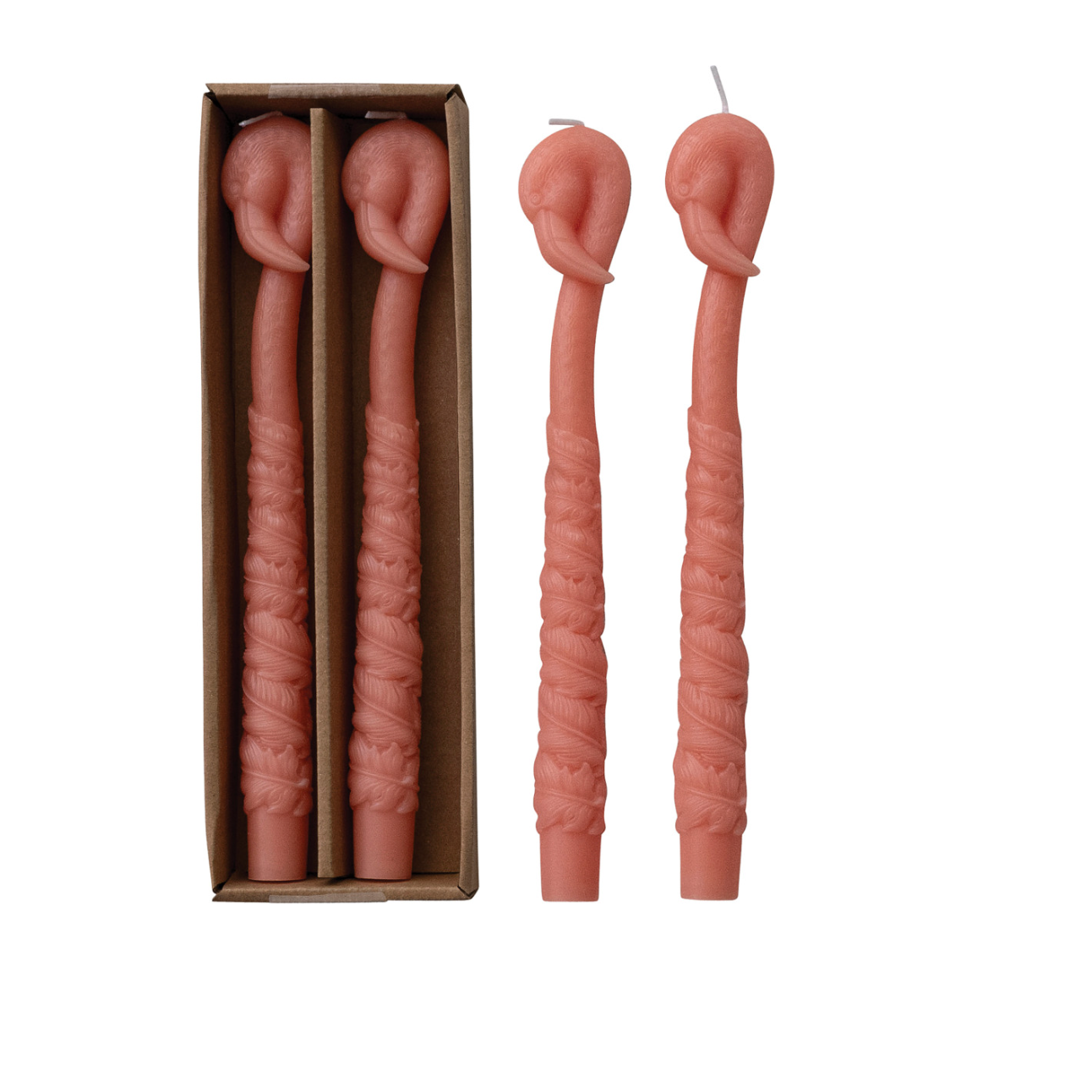 Unscented Flamingo Shaped Taper Candles in Box, Peach Color, Set of 2