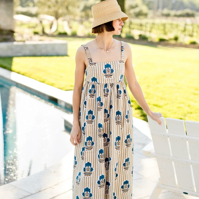 Laguna Sun Dress Khaki Stripe w/ Brown Navy Flower