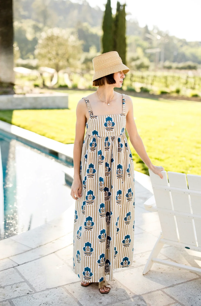 Laguna Sun Dress Khaki Stripe w/ Brown Navy Flower