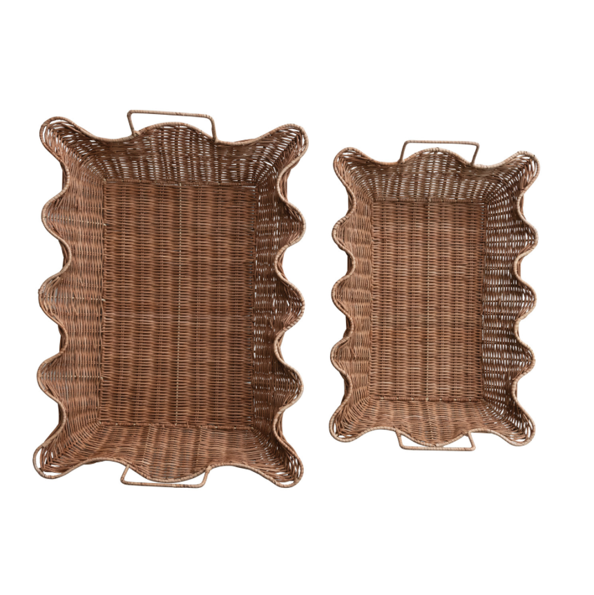 Decorative Hand-Woven Rattan Scalloped Nesting Trays with Handles, Natural,