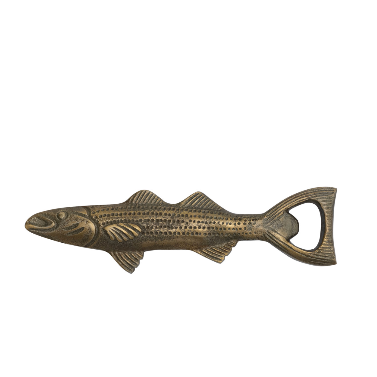 Cast Aluminum Fish Shaped Bottle Opener, Antique Gold Finish