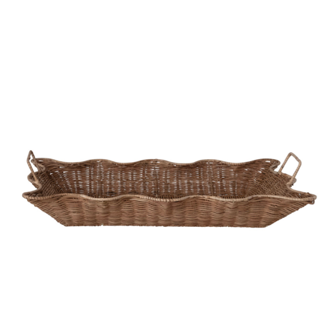 Decorative Hand-Woven Rattan Scalloped Nesting Trays with Handles, Natural, Set of 2