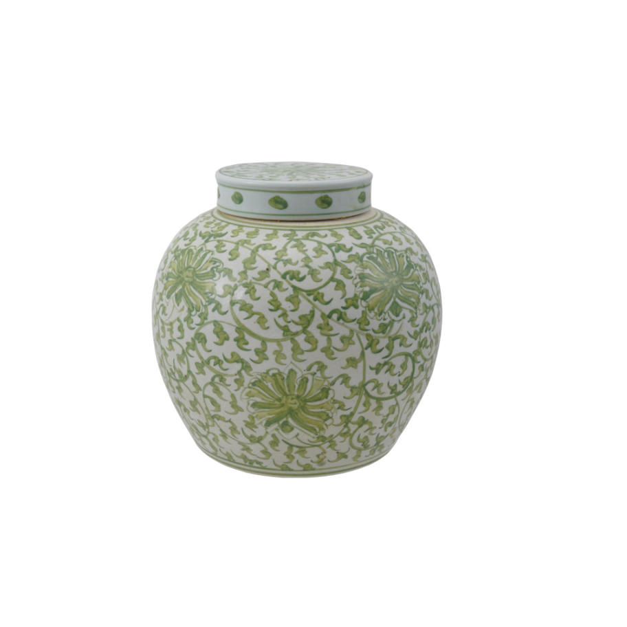 Decorative Hand-Painted Stoneware Ginger Jar w/ Floral Pattern, Green & White