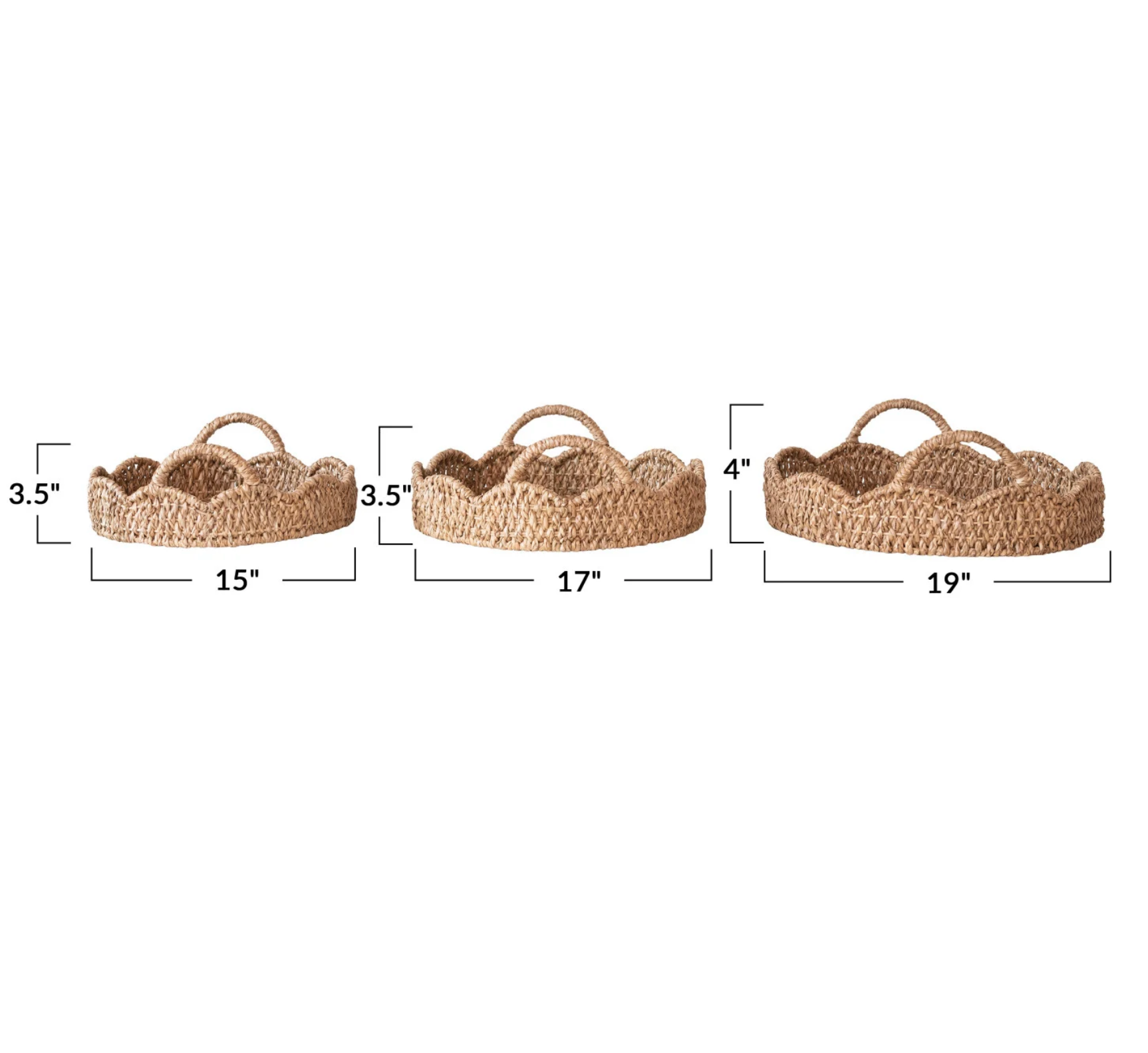 (M) Round Braided Rattan Trays w/ Scalloped Edges, Handles