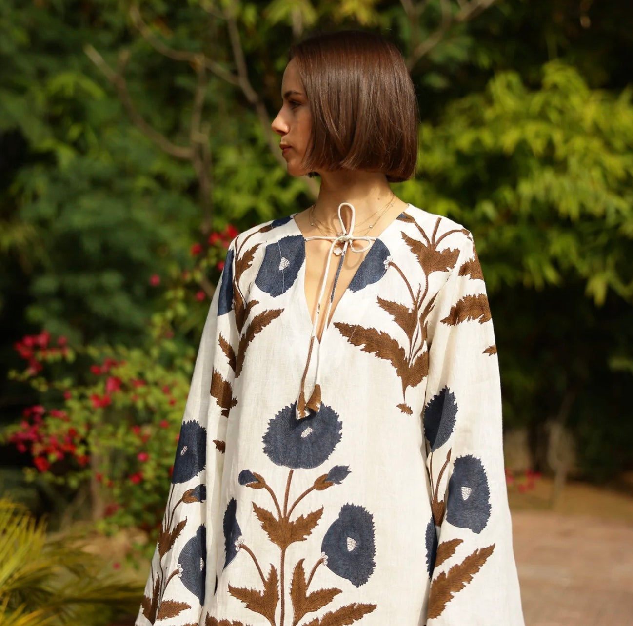 Doha Kaftan Khaki/Navy Flower