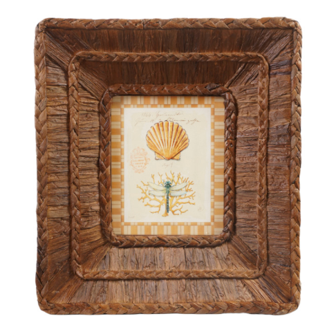 Woven Water Hyacinth Framed Glass Wall Décor w Shells,2 Styles